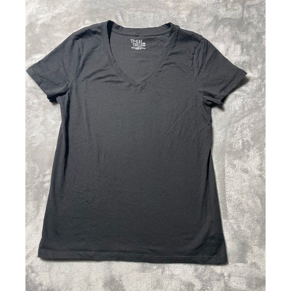 Time and Tru V-Neck Short Sleeve T-Shirt Women’s Size XS Black